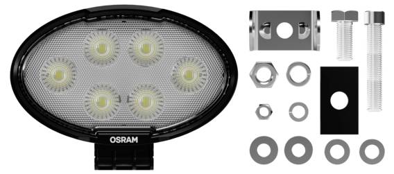 Oválné LED světlo se šesti žárovkami a štítkem 'OSRAM'. Obsahuje montážní sadu s konzolemi, šrouby, maticemi a podložkami.