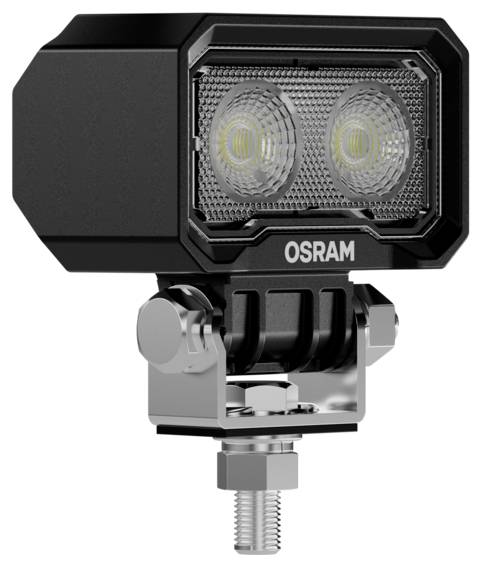 Černé a stříbrné pracovní LED světlo značky OSRAM se dvěma čočkami, namontované na nastavitelném držáku.
