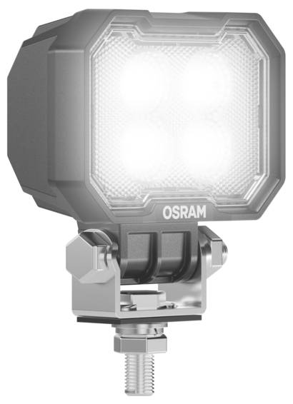 Kompaktní, obdélníkové LED pracovní světlo se čtyřmi jasnými žárovkami, umístěné na nastavitelném držáku, značky 'OSRAM'.
