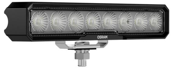 Obdélníková LED světelná lišta od firmy Osram s osmi kruhovými světly, upevněná na kovovém držáku se šroubem pro instalaci do vozidla.