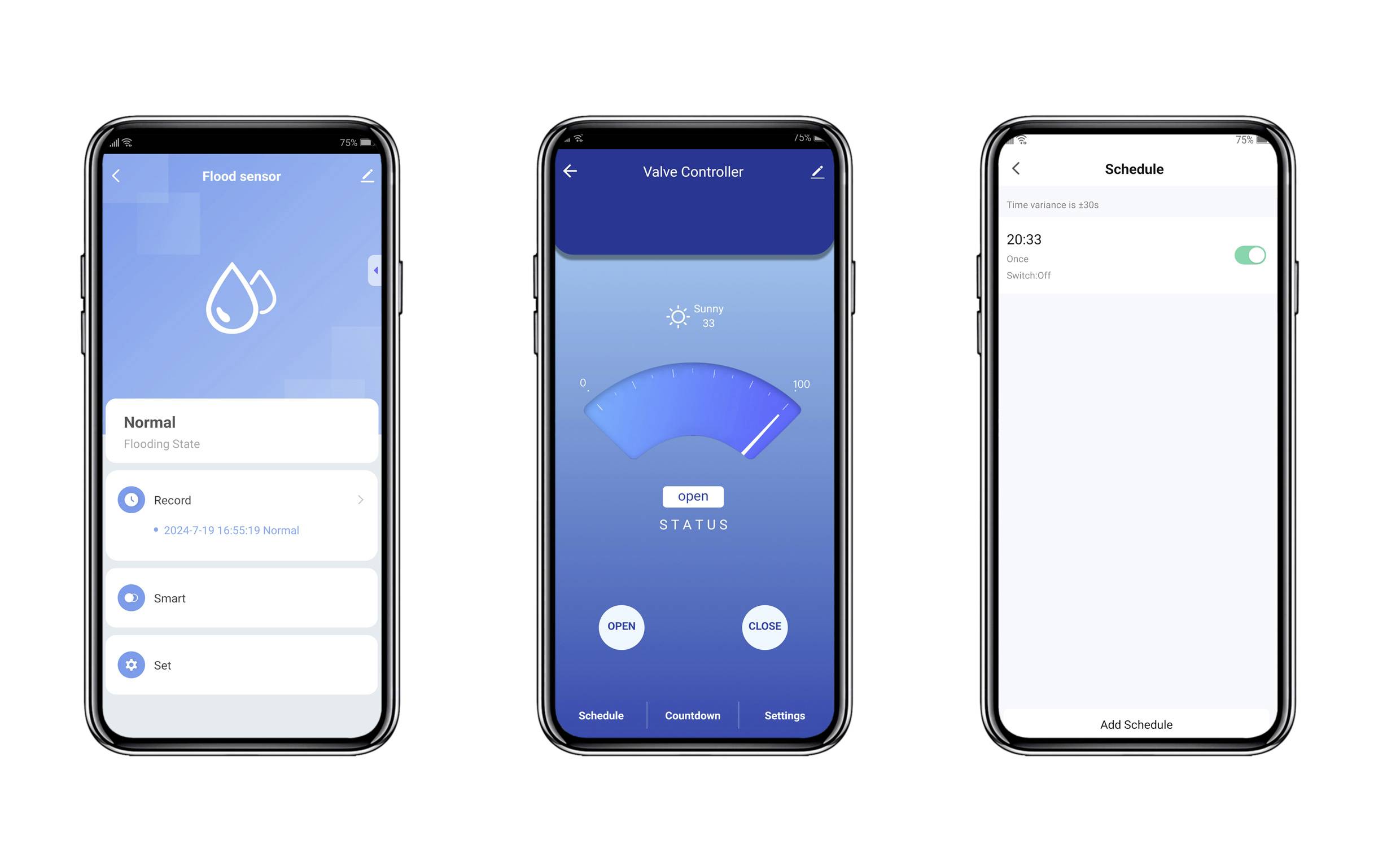 Tři smartphonové obrazovky zobrazující rozhraní aplikace pro snímač záplav: stav záplav, ovladač ventilu s otevřeným/zavřeným stavem a nastavení harmonogramu.