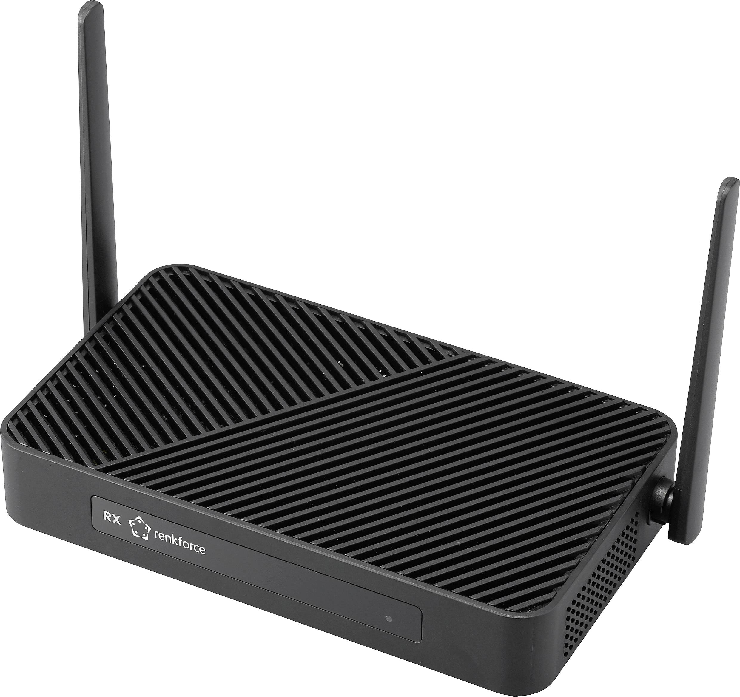 Černý bezdrátový router se dvěma anténami, který má strukturovaný povrch a malou indikační kontrolku.
