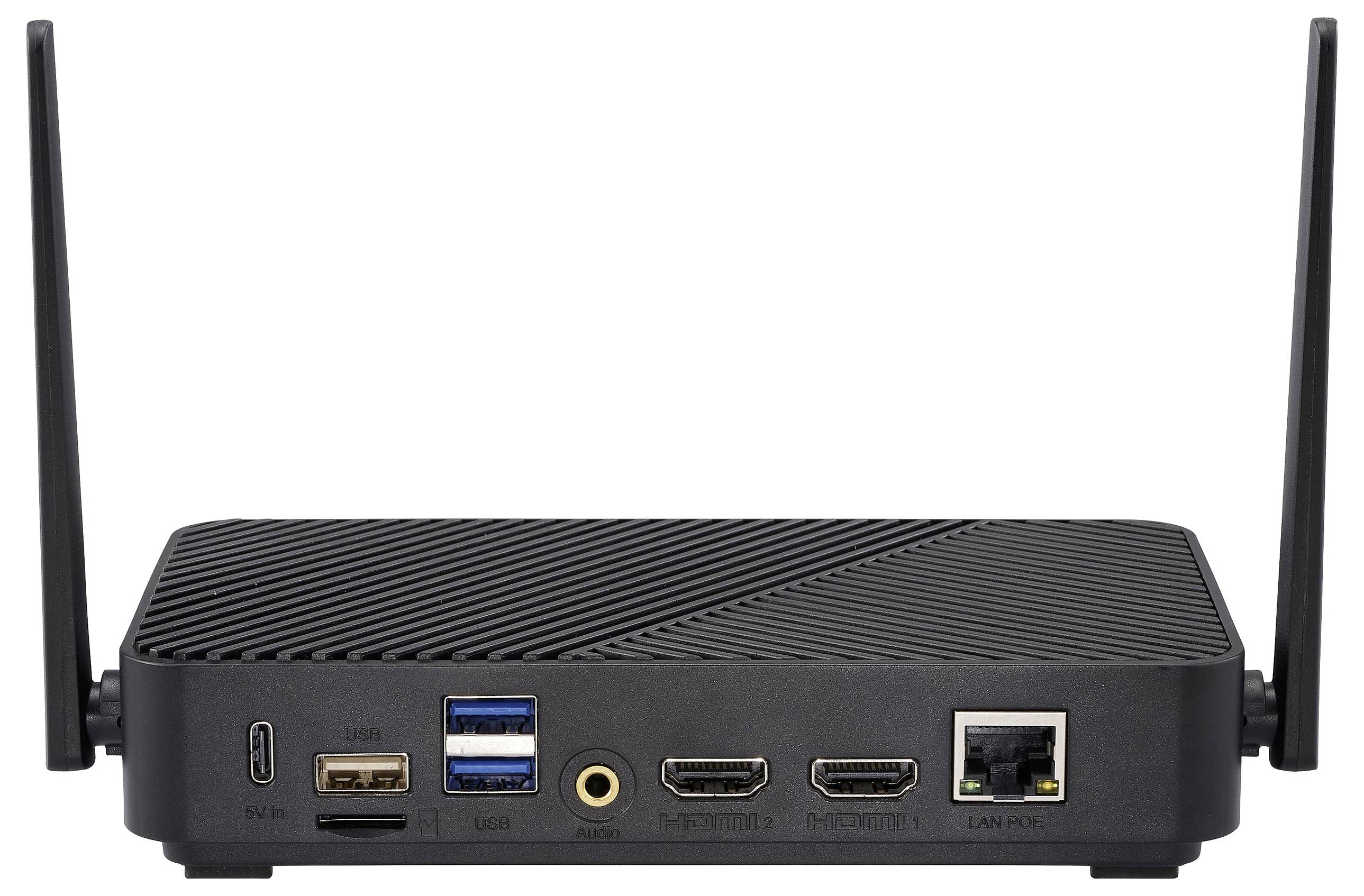 Zadní pohled na černý mini počítač se dvěma anténami, zobrazující porty včetně HDMI, USB, Ethernetu a audio jacku na texturovaném povrchu.
