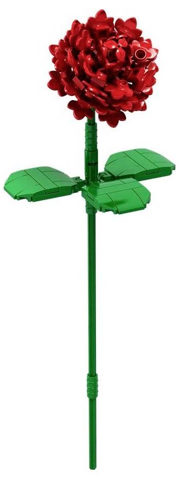 Červená růže vyrobená z LEGO kostek, s detailně propracovaným květem s živými okvětními lístky, podpíraná zelenou stonkou a listy.