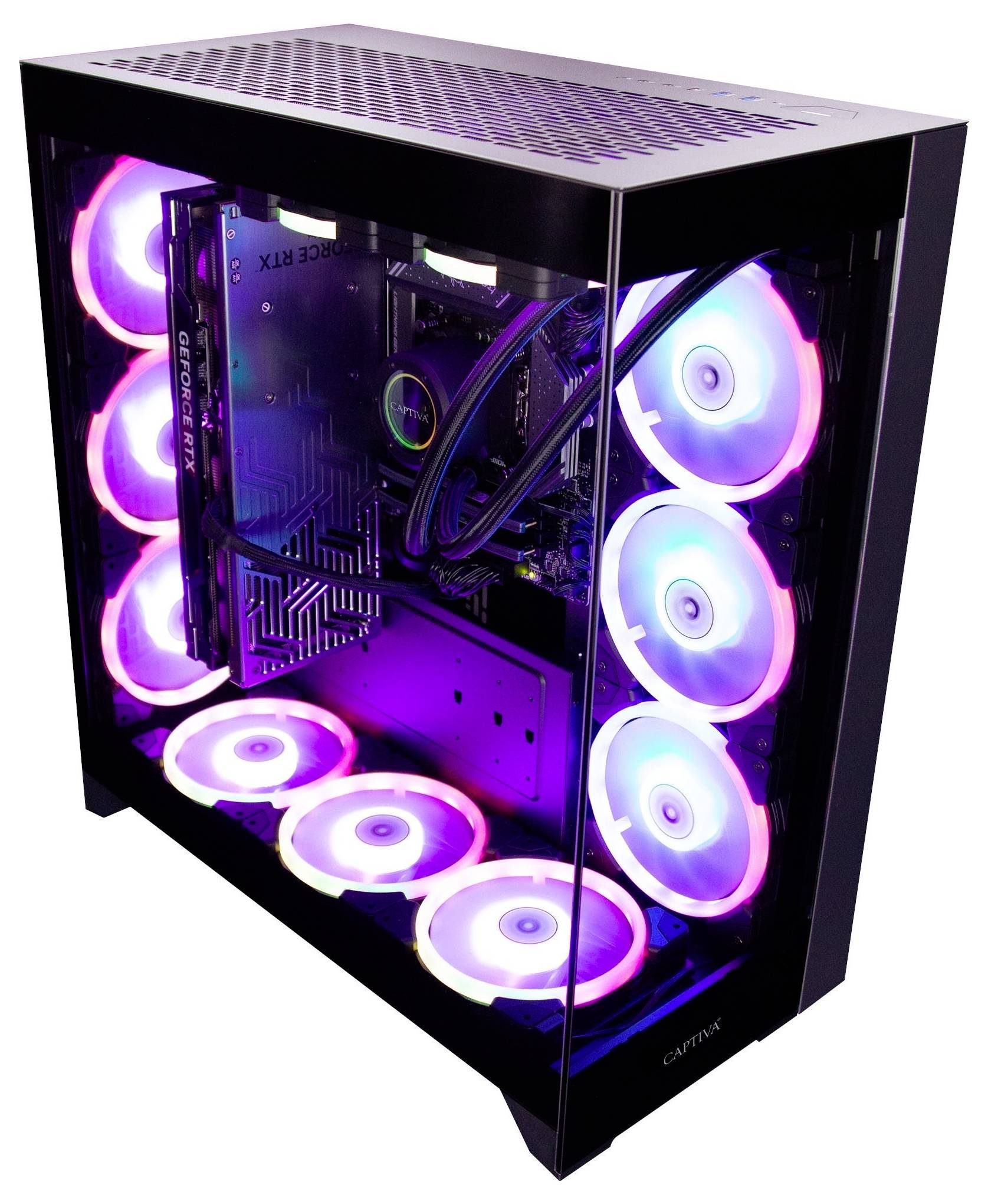 Herní PC s průhledným bočním panelem zobrazuje vnitřní komponenty včetně RGB osvětlených ventilátorů vytvářejících barevné světlo uvnitř skříně.