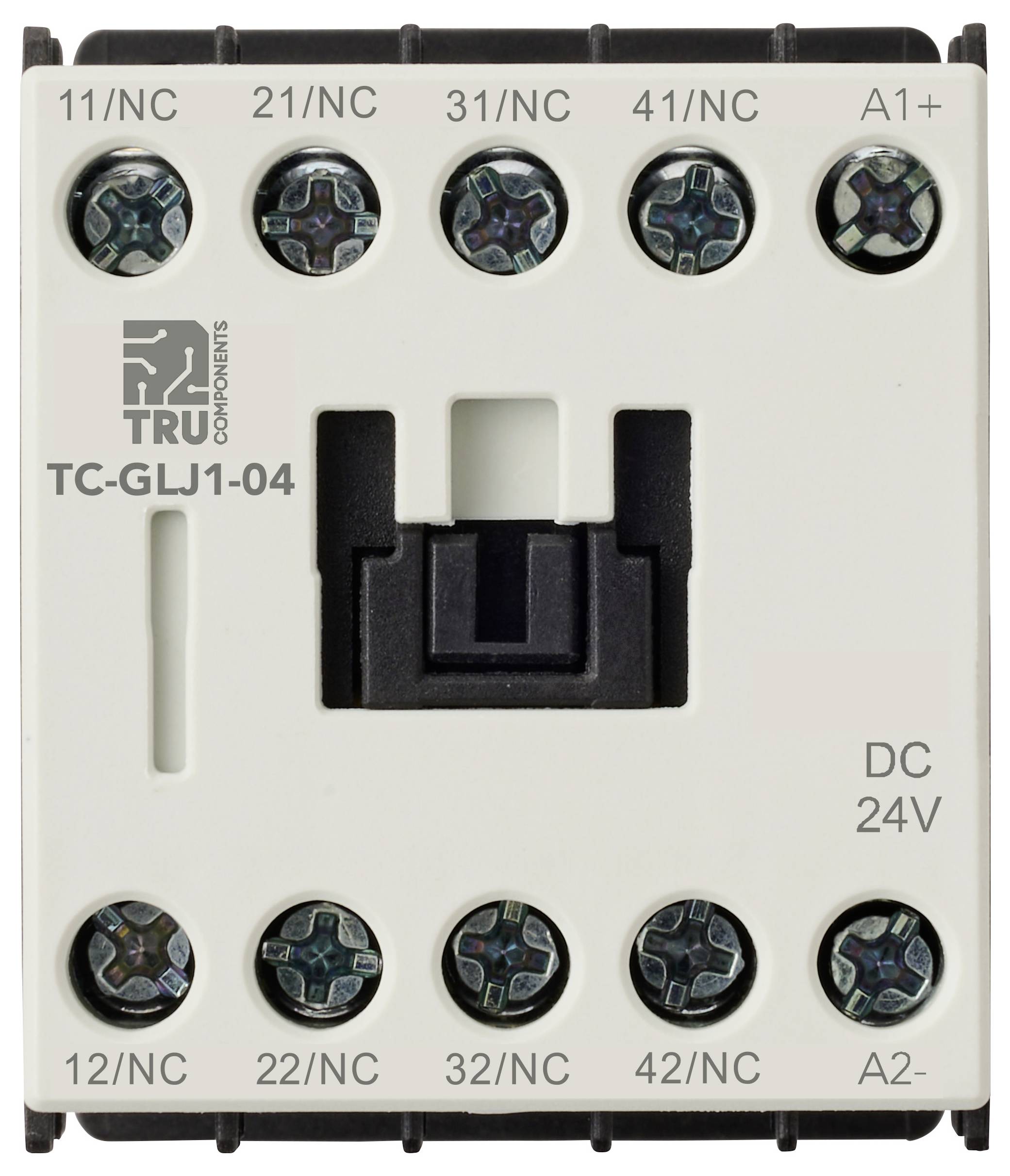 Elektrický rozváděč s několika šroubovacími svorkami označenými 11/NC, 21/NC, 31/NC, 41/NC, 12/NO, 22/NO, 32/NO, 42/NO, A1+, A2-. Model TC-GLJ1-04, DC 24V.