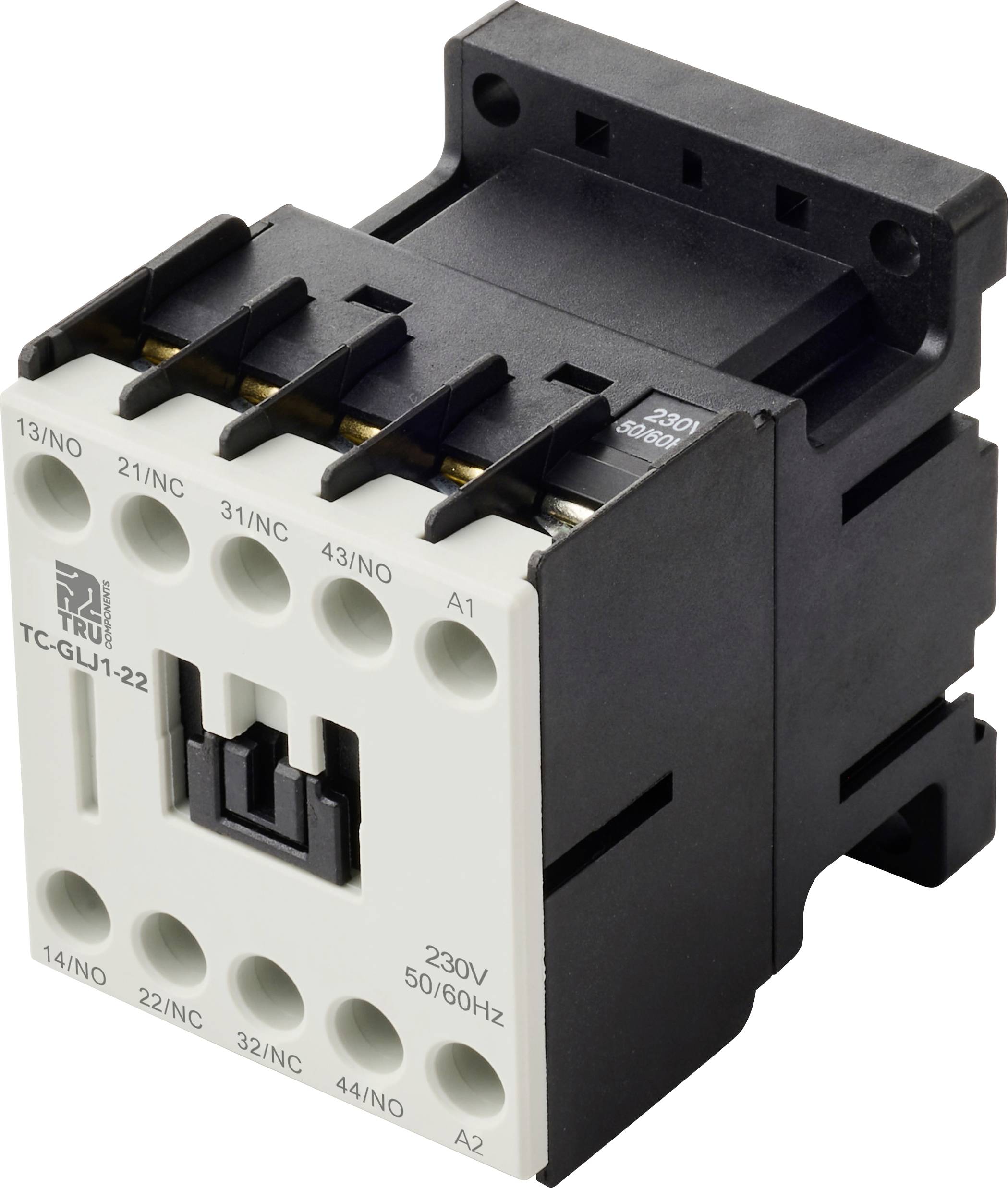 Elektrický stykač s modelem 'TC-GLU1-22', jmenovité napětí 230V, 50/60Hz. Přední displej zobrazuje připojovací body a rozložení svorek.