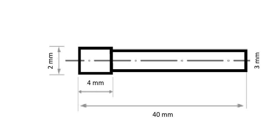 Diagram tyče s rozměry: délka 40 mm, šířka 3 mm. Koncový úsek je dlouhý 4 mm, široký 2 mm.