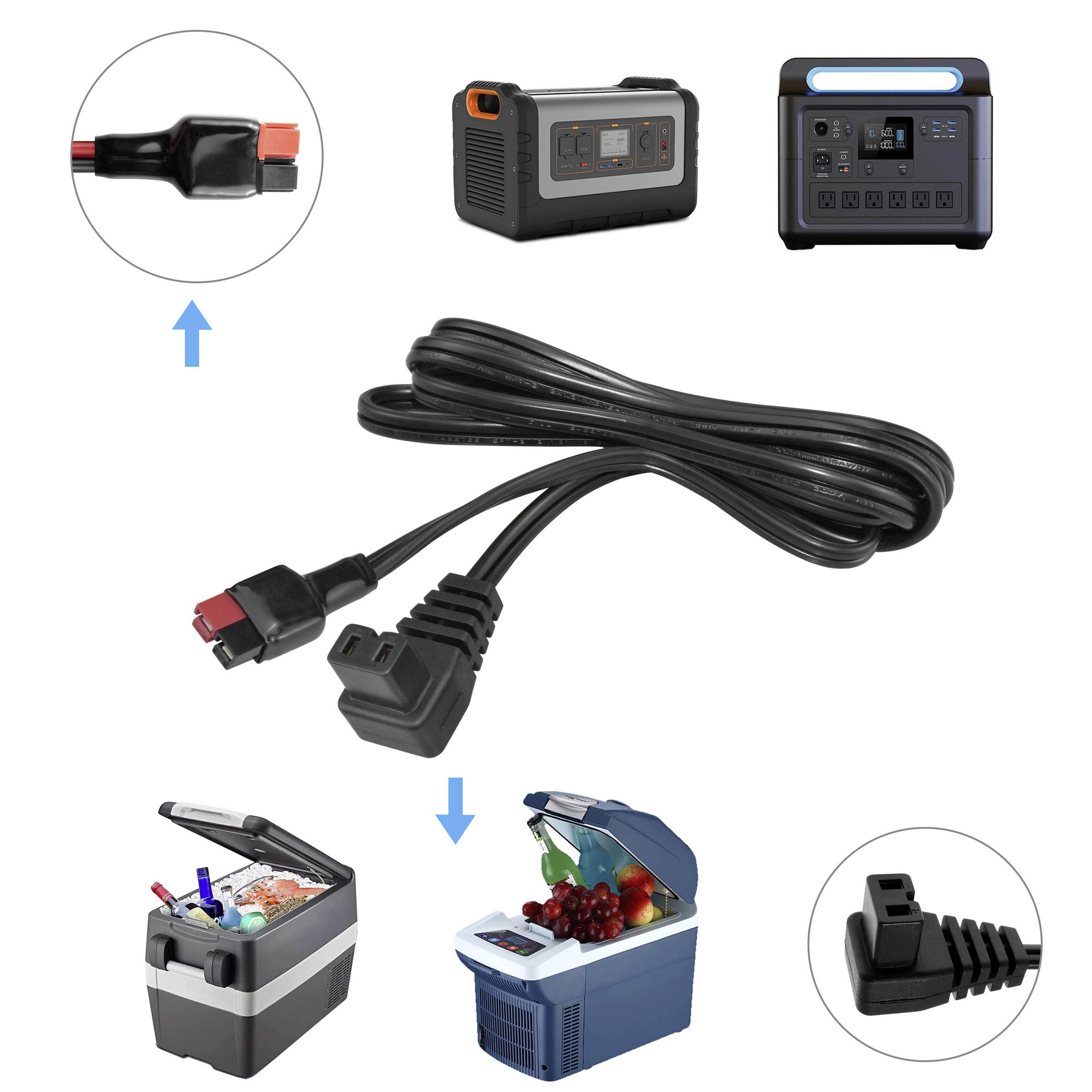 Napájecí kabel s DC konektorem kompatibilní s přenosnými elektrárnami a autochladničkami. Šipka ukazuje na chladničky a elektrárny.