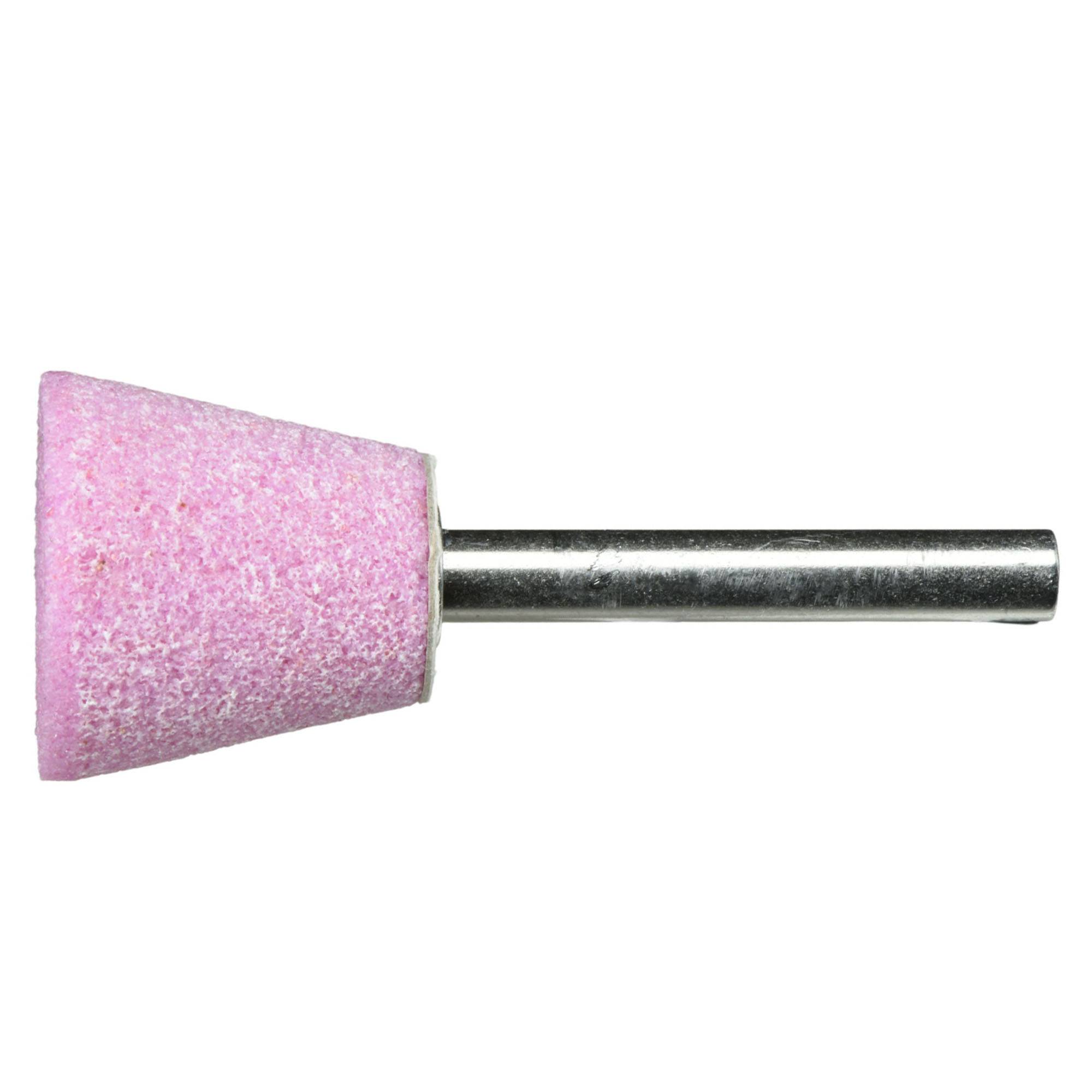 Růžový kuželovitý brusný kámen s kovovým dříkem, používaný k vyhlazování nebo tvarování povrchů.