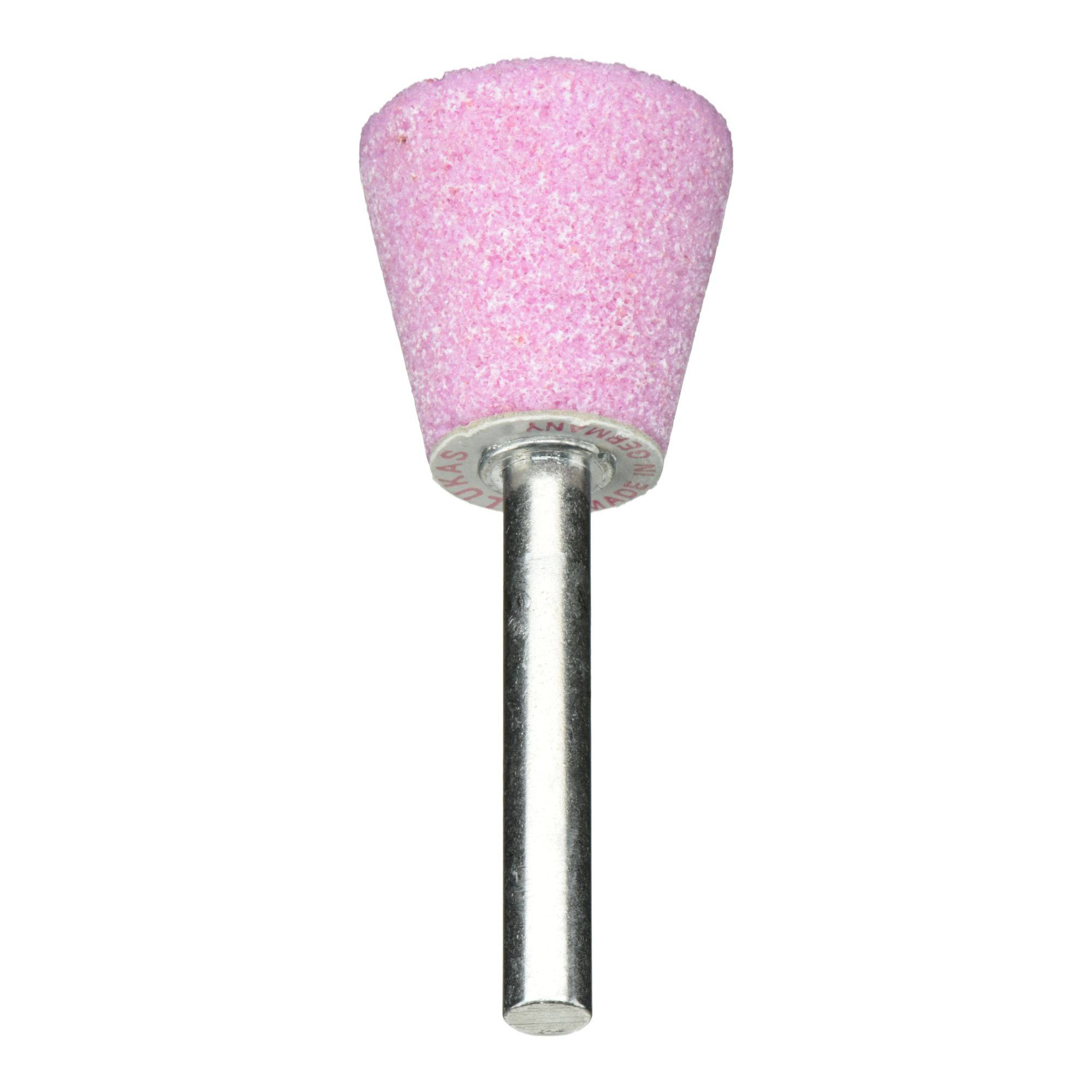 Růžový kuželovitý brusný kámen s kovovým dříkem, který se běžně používá pro broušení, obrušování nebo leštění povrchů.