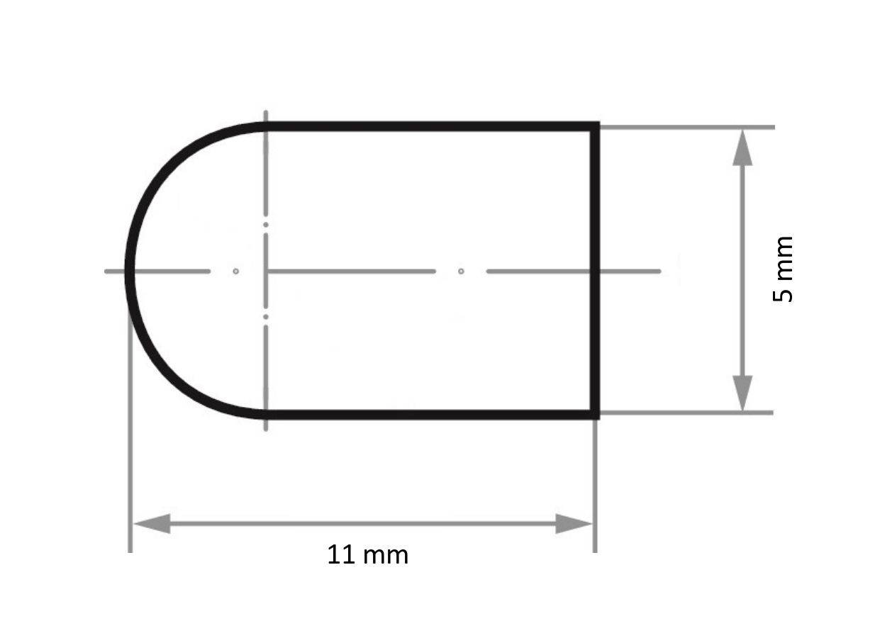 Zaoblený obdélník s označením rozměrů: 11 mm široký a 5 mm vysoký.