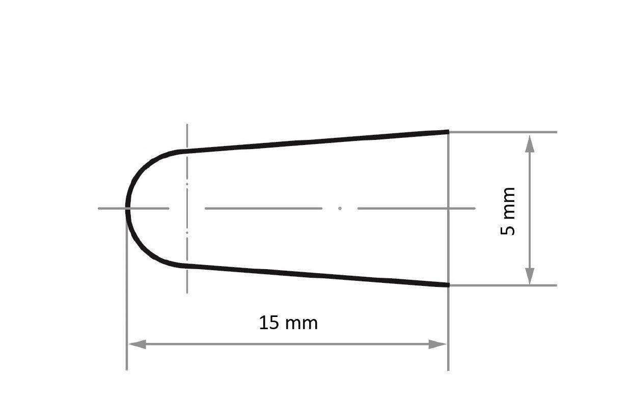 Technický výkres protáhlého, kónického tvaru se zaoblenými konci. Rozměry jsou 15 mm na délku a 5 mm na šířku v nejširším bodě.