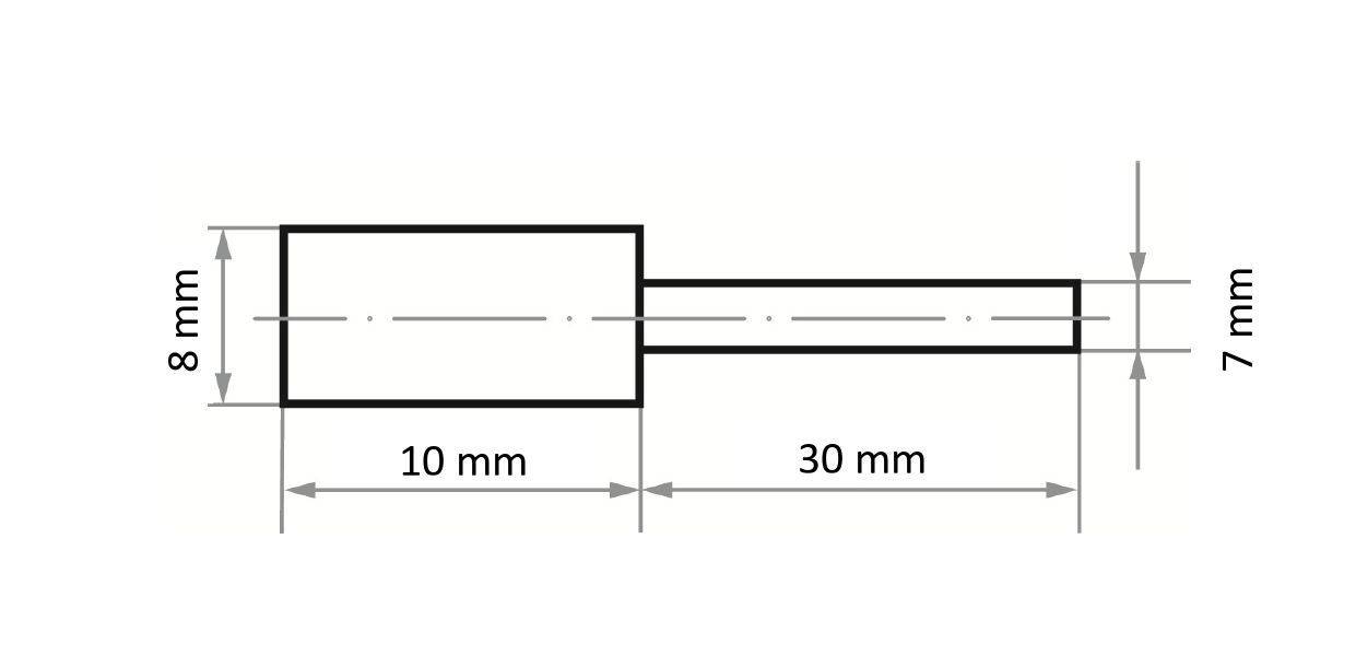 Technický výkres zobrazuje válcový objekt se širší sekcí dlouhou 10 mm a širokou 8 mm a užší sekcí dlouhou 30 mm a širokou 7 mm.