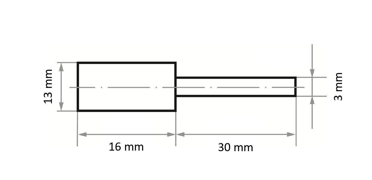 Technický výkres obdélníkového objektu s rozměry: 13 mm výška, 16 mm šířka v levém oddílu, a 3 mm výška, 30 mm délka v pravém oddílu.