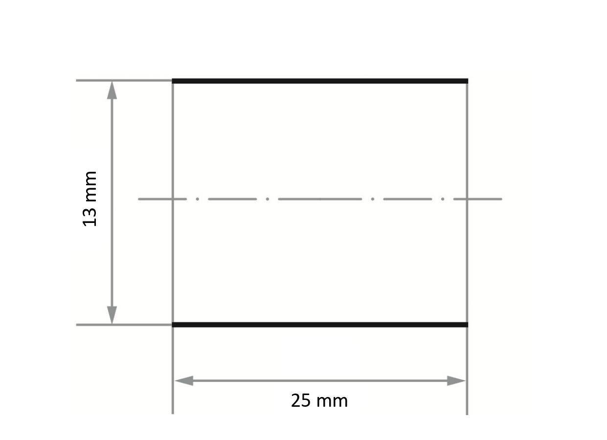 Technický diagram znázorňuje obdélník s výškou 13 mm a šířkou 25 mm, vyznačený plnými čarami a přerušovanými středovými osami.