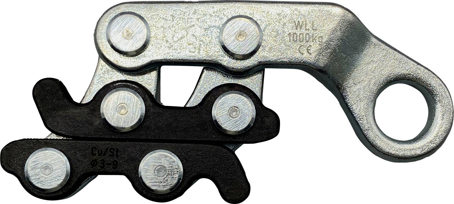 Kovový upínací nástroj s okem, označený štítkem 'WLL 1000 kg CE', používaný prouchopení drátů nebo kabelů.