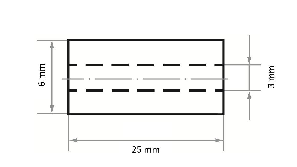 Obdélník s rozměry: 25 mm šířka, 6 mm výška. Dvě přerušované čáry vedené vodorovně, oddělené 3 mm.