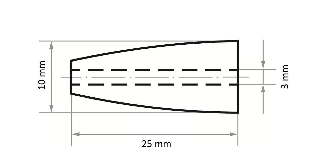 Diagram kónického objektu o délce 25 mm, zužujícího se z 10 mm na 3 mm. Přerušované čáry vedou podél středové osy.