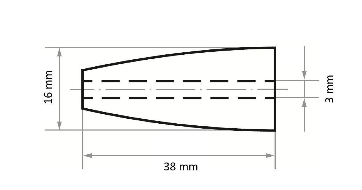 Diagram komolého kužele s rozměry: výška 16 mm, základna široká 38 mm, horní šířka 3 mm, znázorněný přerušovanou středovou osou.