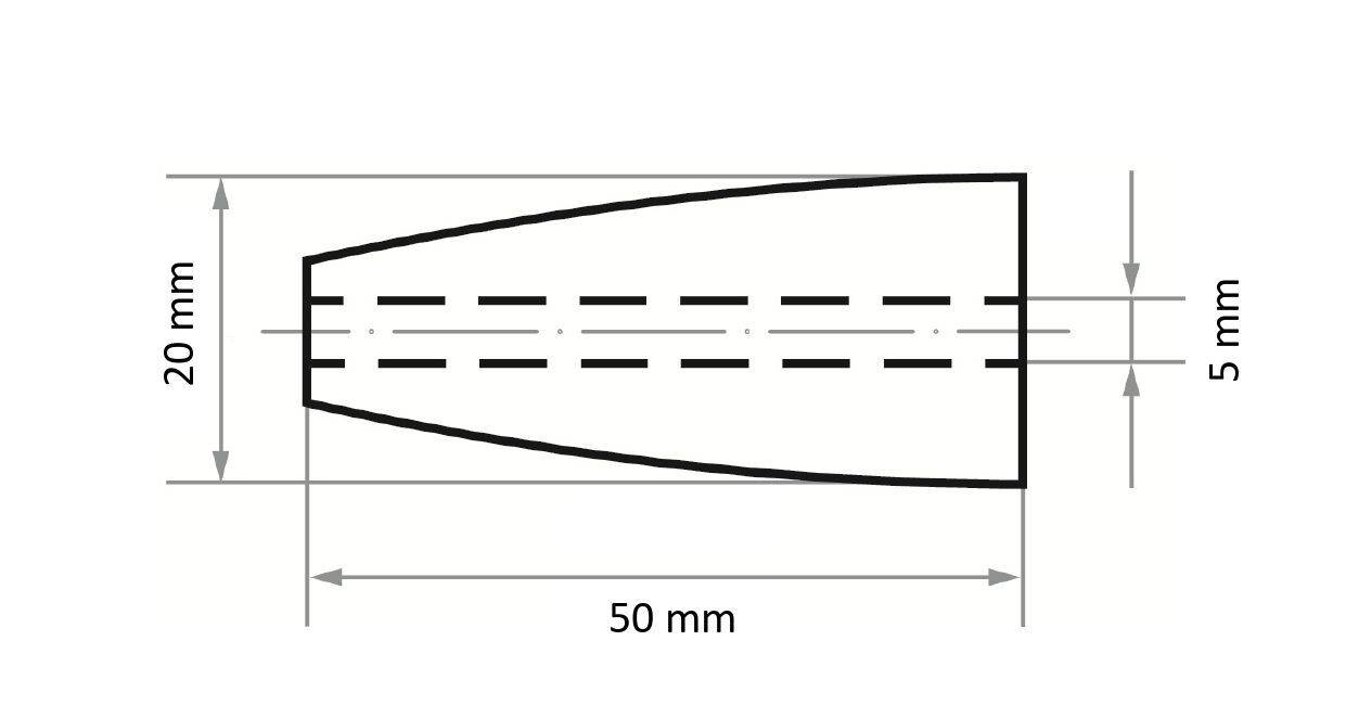 Technický výkres kónického objektu:<br>- Délka: 50 mm<br>- Šířka základny: 20 mm<br>- Šířka vrcholu: 5 mm