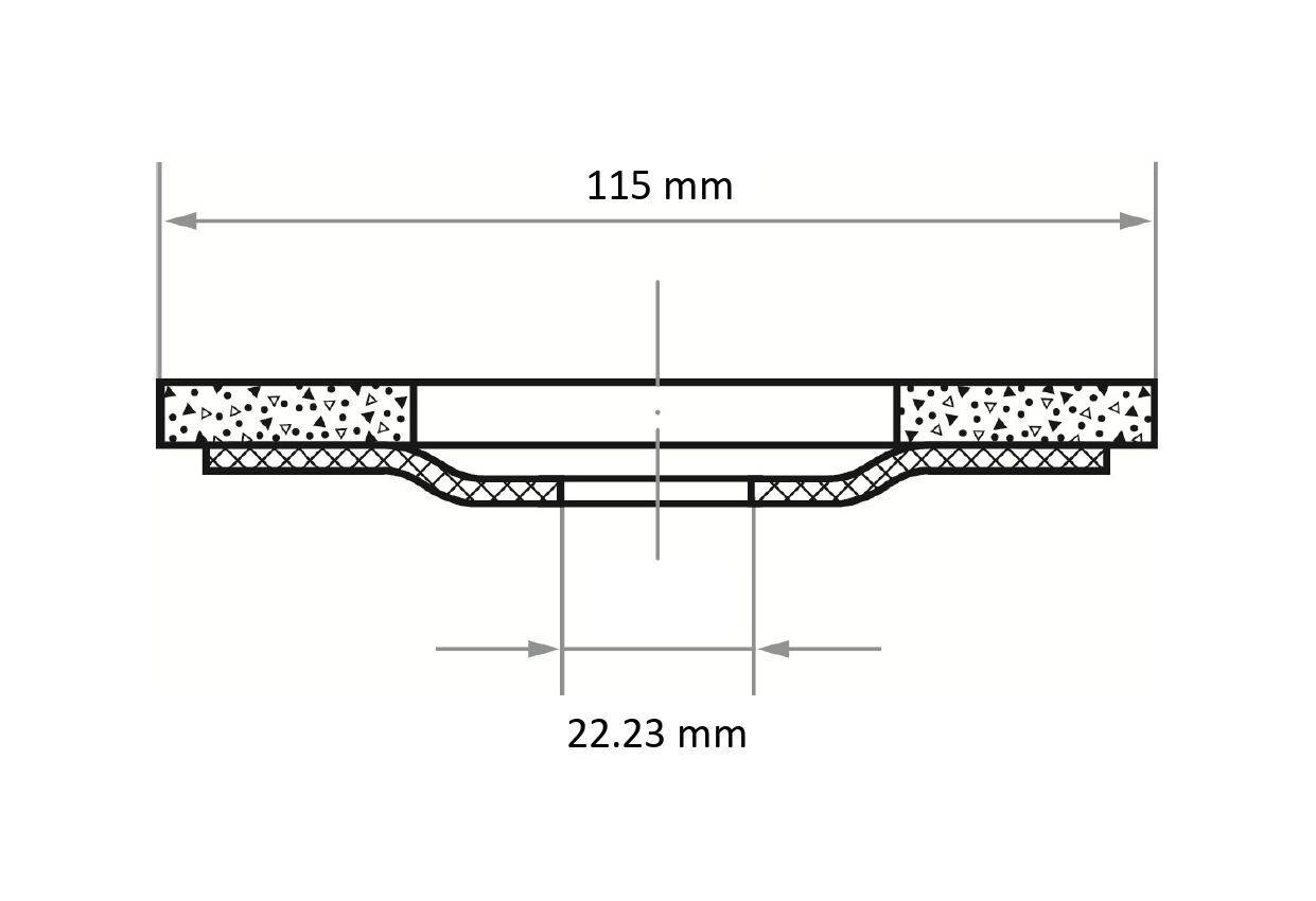 Příčný řez kruhovým objektem o průměru 115 mm s menší centrální sekcí o průměru 22,23 mm, znázorňující vrstvy.