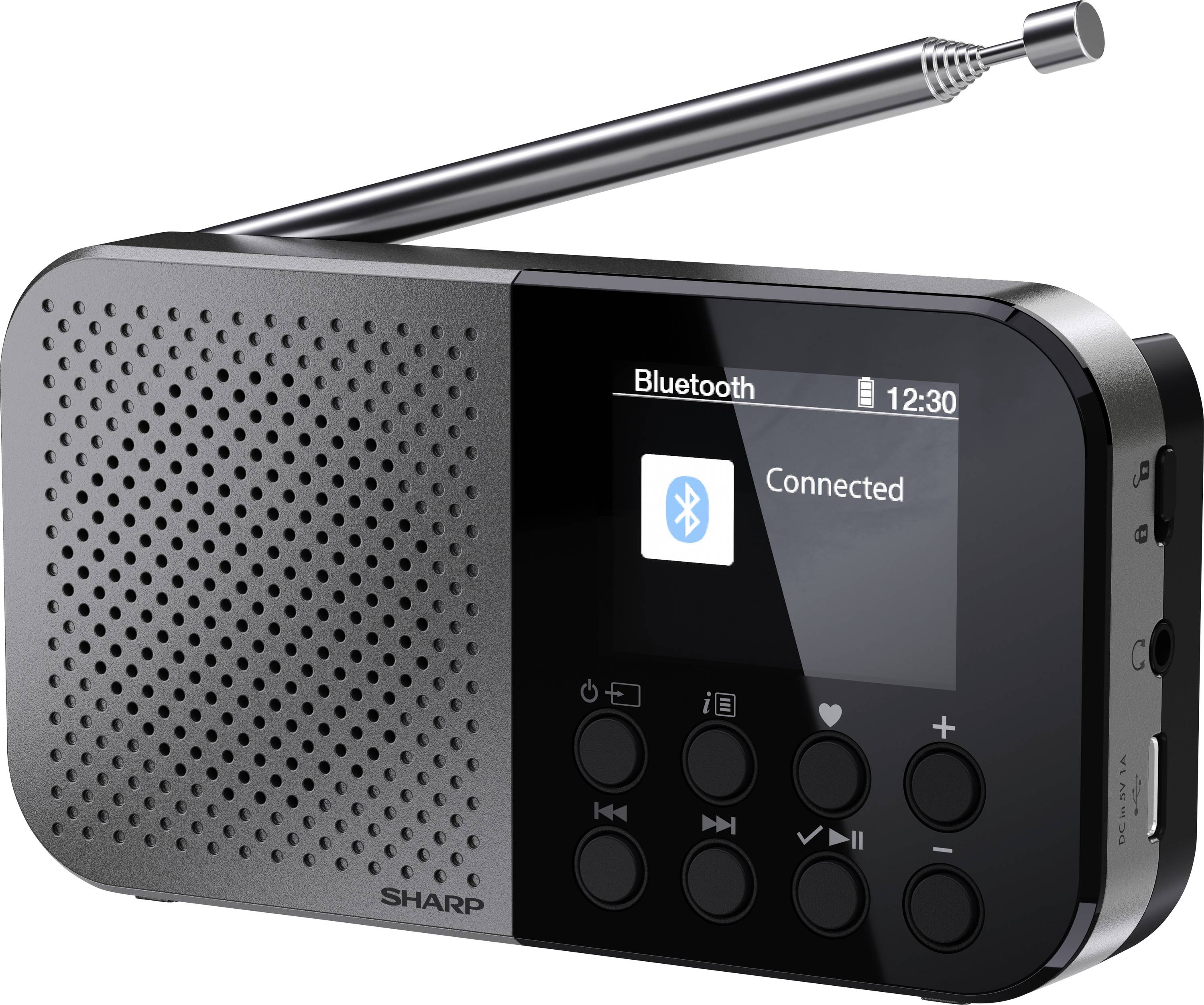 Černý přenosný rádio s vestavěným reproduktorem, funkcí Bluetooth, vysunutou anténou a tlačítky pro hlasitost, přehrávání a nastavení.
