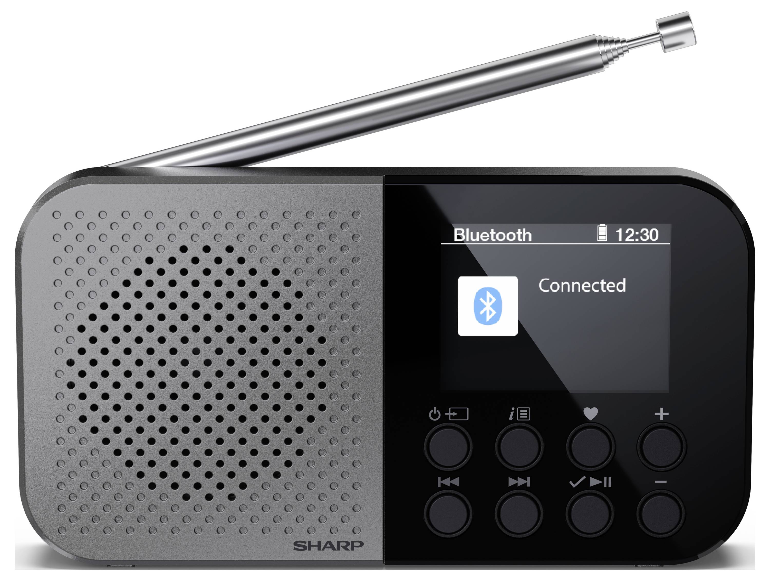 Digitální rádio s reproduktorem a ovládacími tlačítky na přední straně, jehož displej zobrazuje nápis "Bluetooth připojeno".
