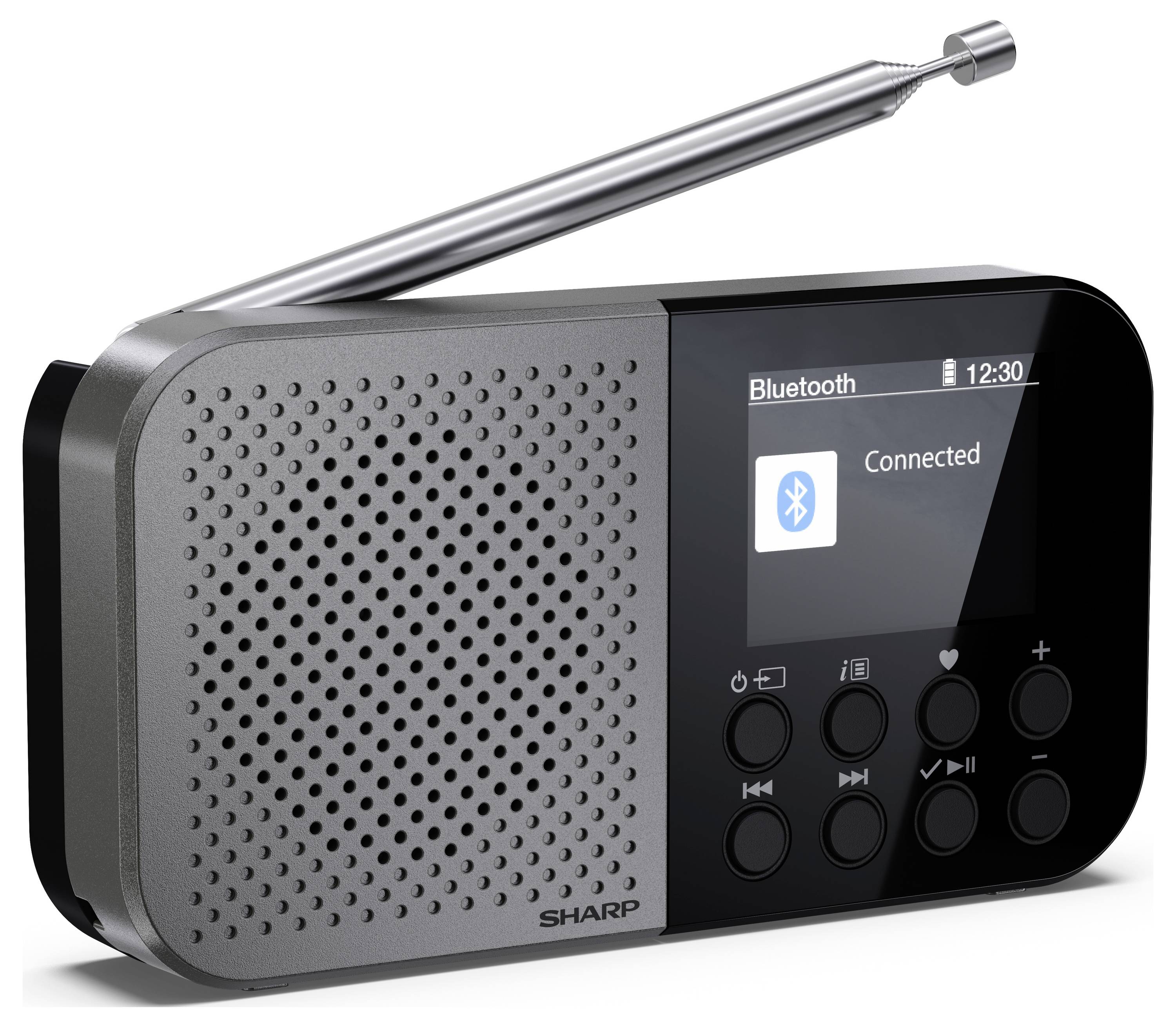 Přenosné rádio s Bluetooth připojením, zobrazující obrazovku s nápisem 'Připojeno' a ovládacími tlačítky pro přehrávání, pozastavení, hlasitost a ladění rádia.