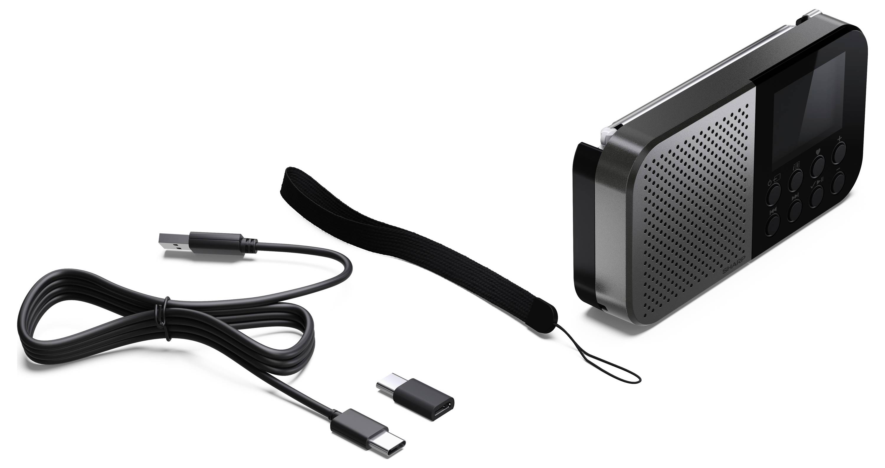 Kompaktní černé přenosné rádio s tlačítky a malým displejem, doprovázené černým nabíjecím kabelem, USB adaptérem a náramkem.