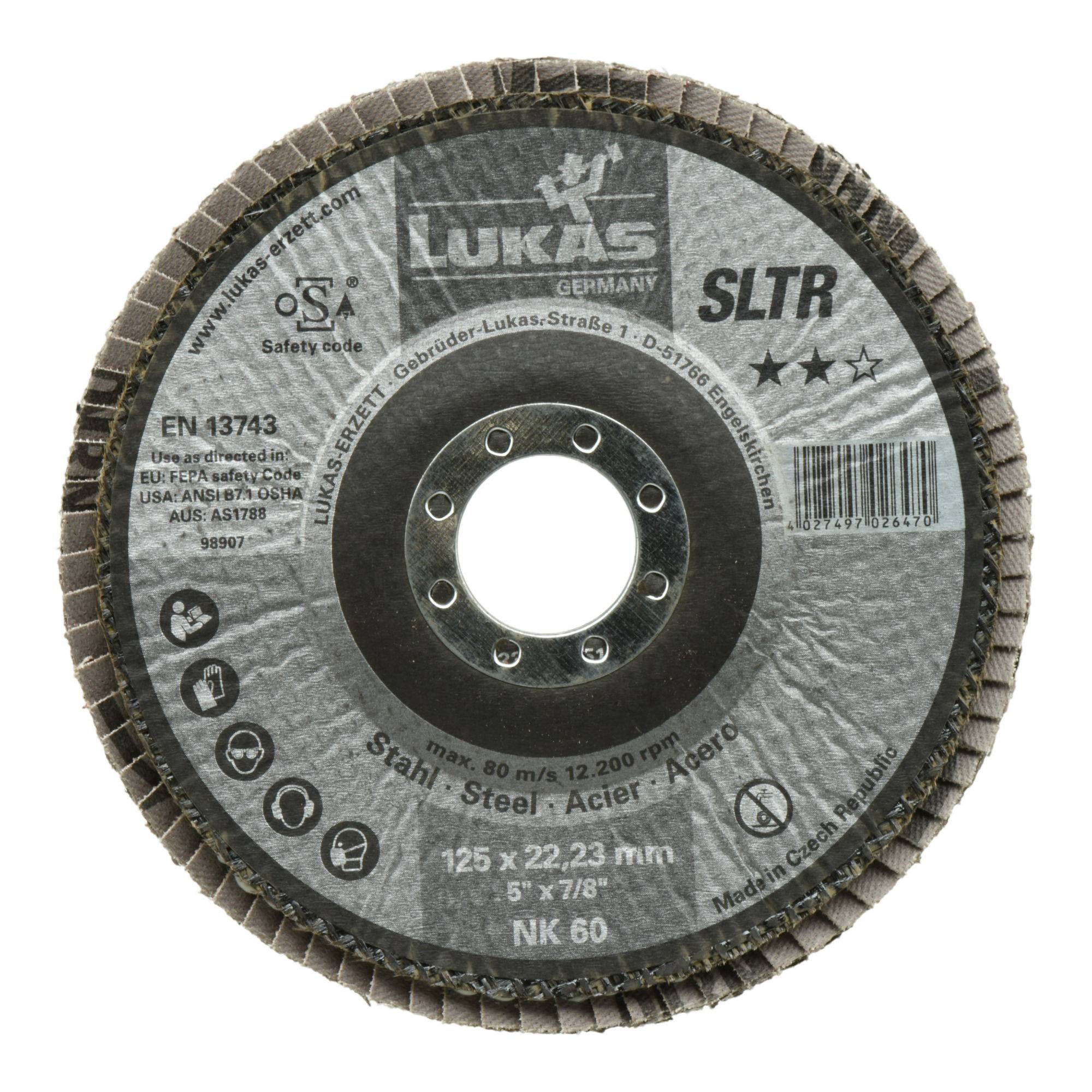 Kulatý brusný kotouč s označením 'Lukas SLTR' s parametry: 125x22,23 mm, 5''x7/8'', NK 60, určený pro ocel. Přítomny bezpečnostní a certifikační symboly.
