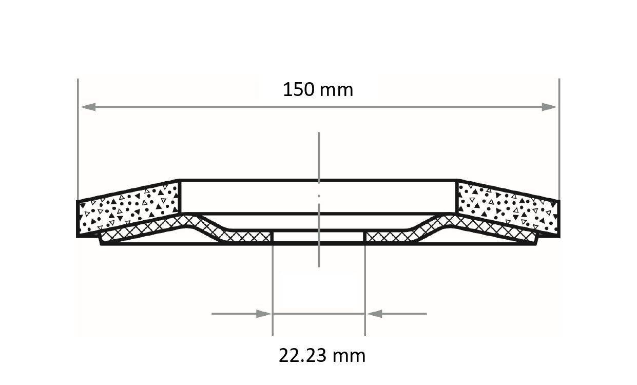 Příčný řez diagramem silniční vrstvy s centrální sekcí označenou šířkou 22,23 mm a celkovou šířkou 150 mm včetně šikmých okrajů.