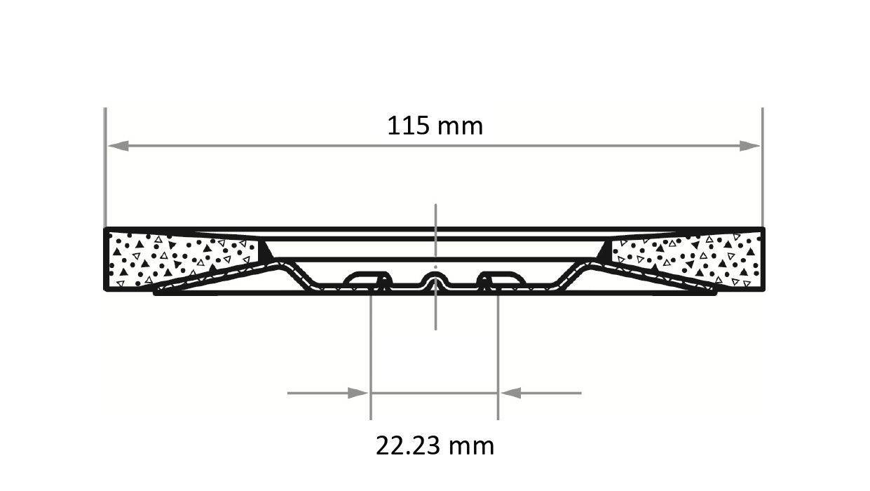 Příčný řez struktury o šířce 115 mm, se středovou sekcí měřící 22,23 mm, s texturovaným horním a dolním povrchem.