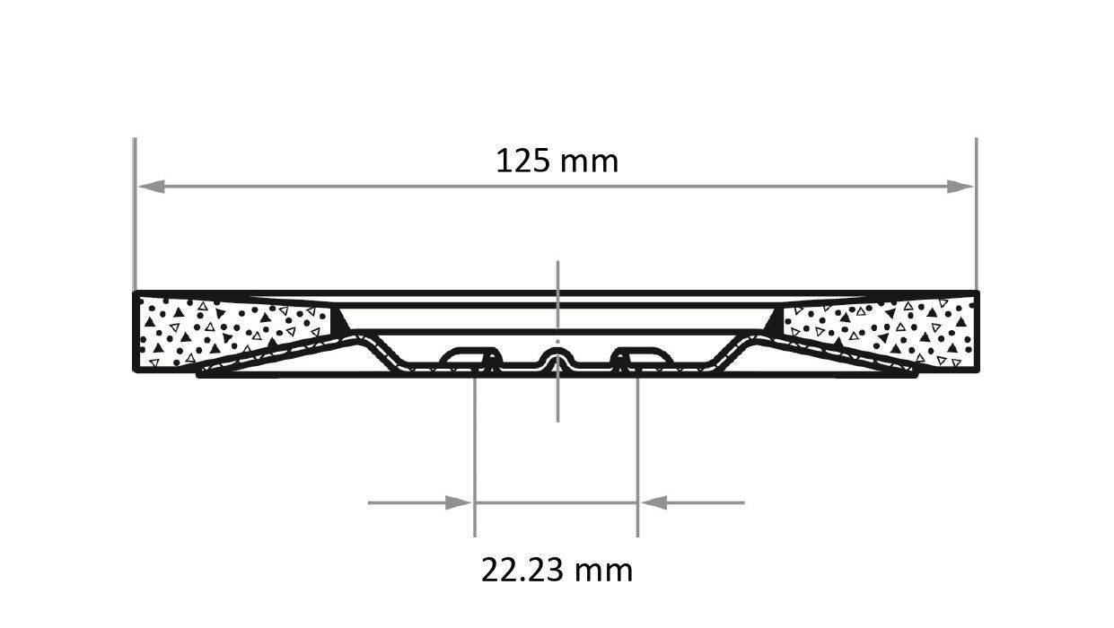 Příčný řez kruhovým objektem o průměru 125 mm a centrální šířce 22,23 mm, zobrazující vnitřní strukturu.