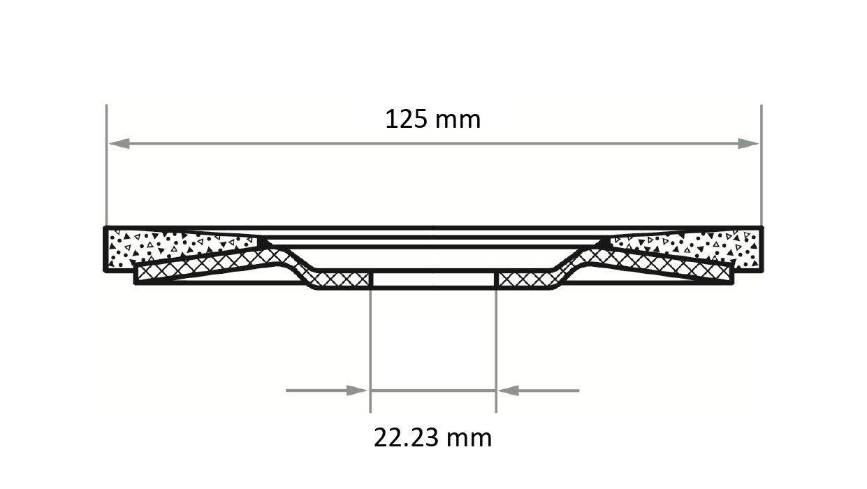 Příčný řez mechanické součásti s plochým kruhovým horním povrchem, zobrazující rozměry 125 mm v průměru a 22,23 mm ve výšce.