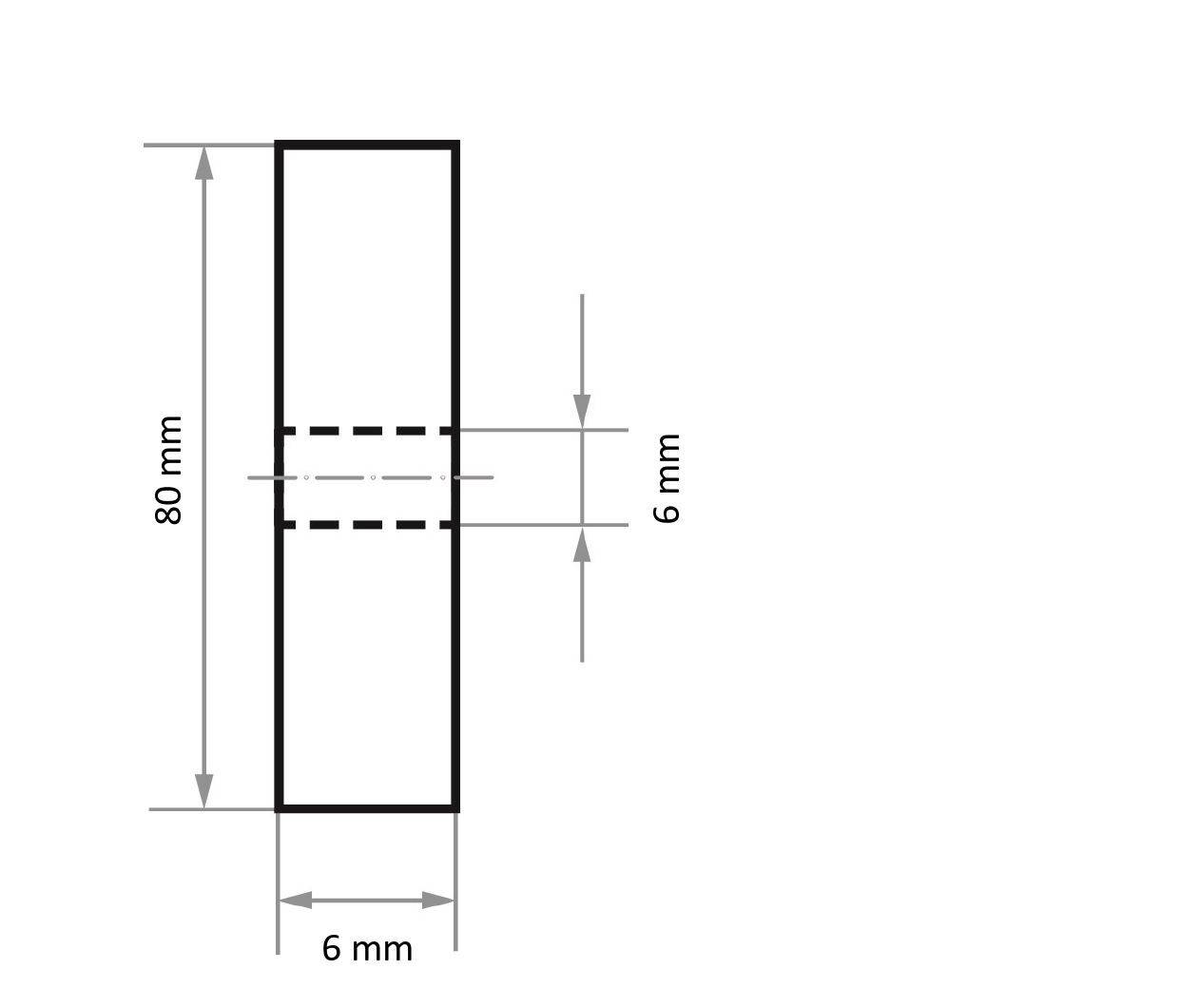 Obdélníkový blok s vyznačenými rozměry. Délka: 80 mm, šířka: 6 mm, se zobrazeným 6mm prostorem uprostřed.