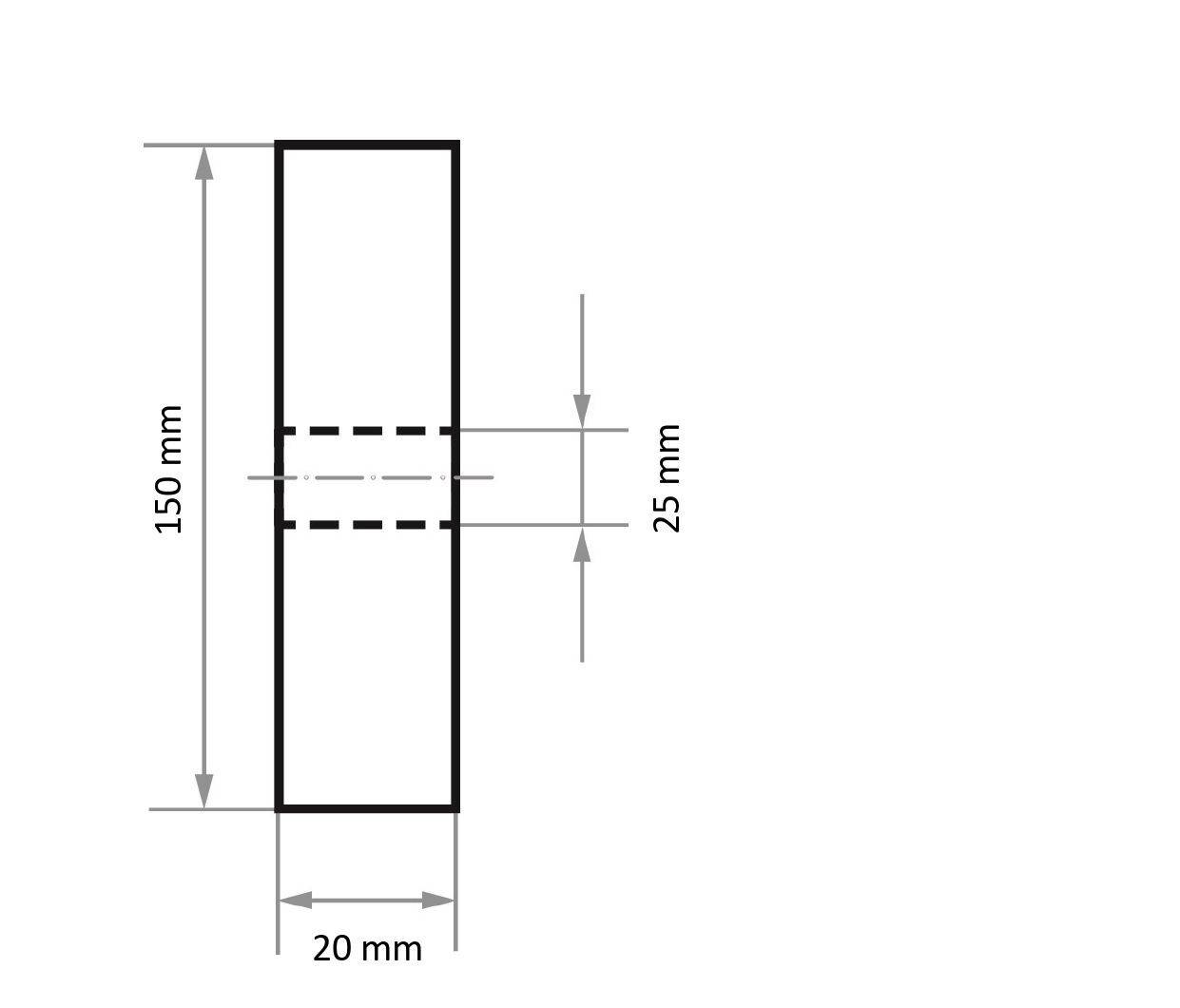 Technický výkres obdélníkového objektu s rozměry: 150 mm výška, 20 mm šířka. Přerušovaná čára označuje vnitřní prvek, měřící 25 mm.