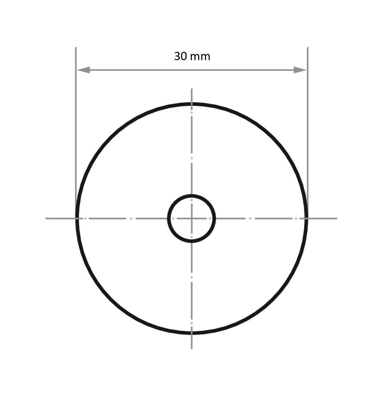 Technický diagram kruhu o průměru 30 mm, vyznačující rozměry horizontálními a vertikálními čarami protínajícími se ve středu.
