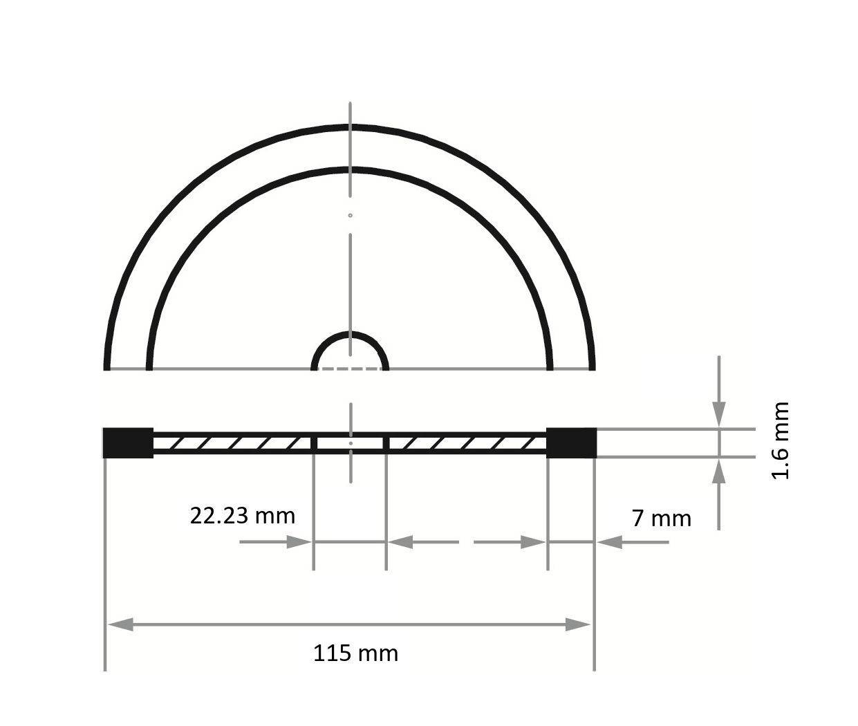 'Diagram půlkruhového objektu s rozměry: délka 115 mm, centrální šířka 22,23 mm, celková tloušťka 1,6 mm a výška sekce 7 mm.'