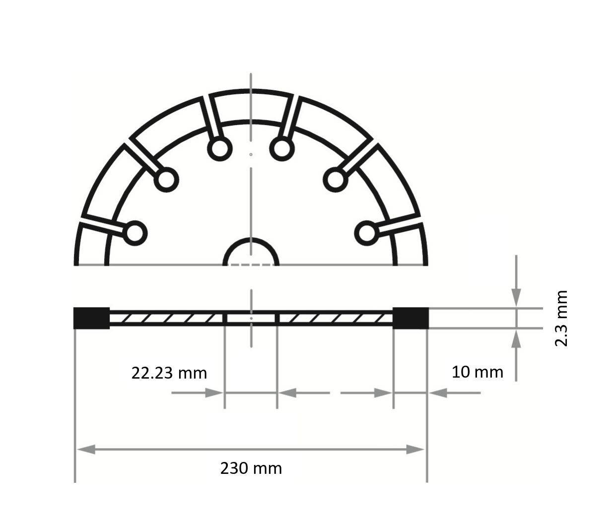 Technický výkres kruhového kovového kotouče s otvory, kótované rozměry: <br>šířka 230 mm, vnitřní šířka 22,23 mm, tloušťka 2,3 mm, výška okraje 10 mm