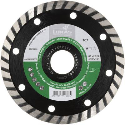 Diamantový řezný kotouč s textem 'LUKAS-ERZETT', vhodný pro řezání betonu a žuly, rozměry 115 x 22,23 mm.