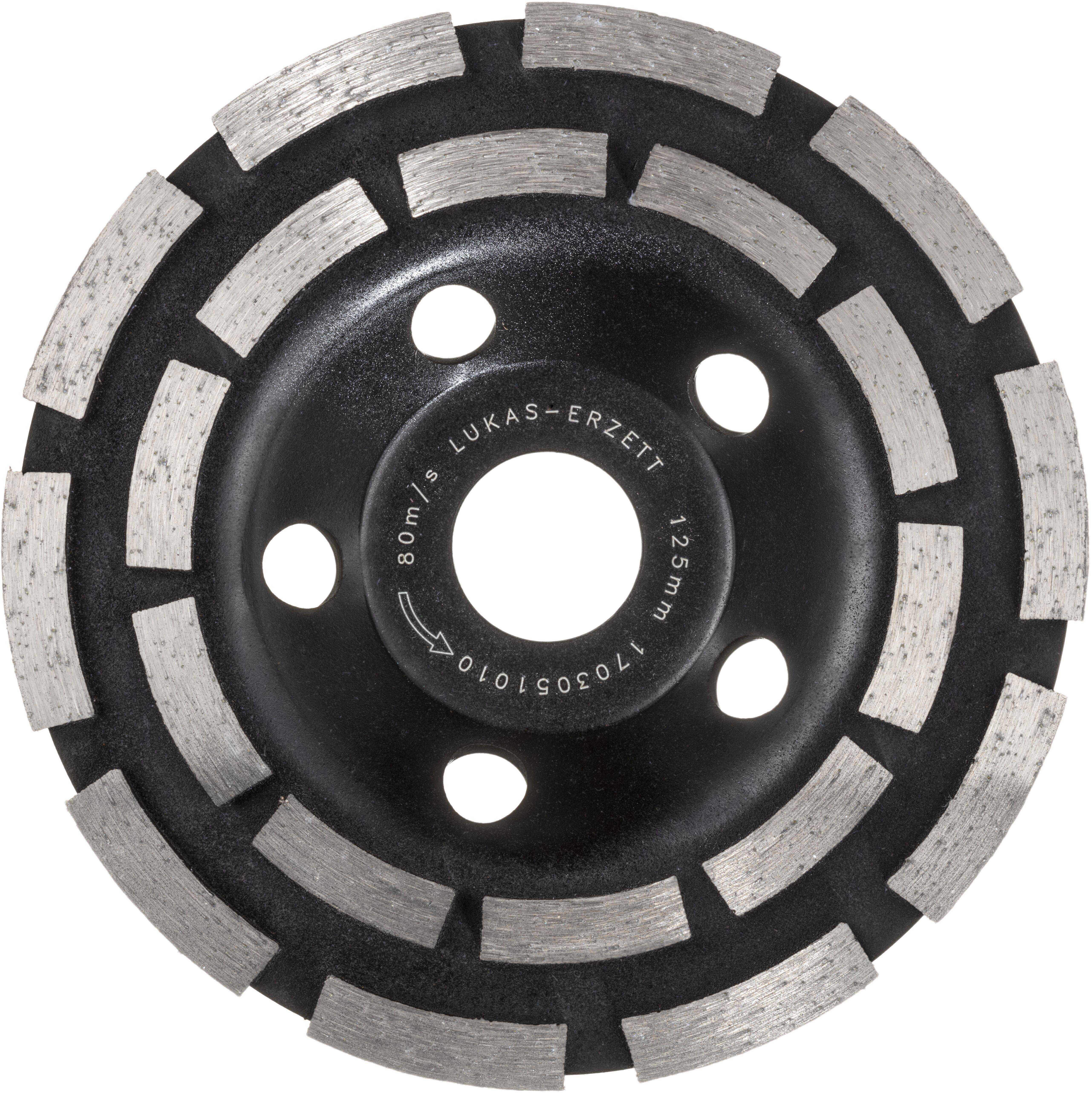 Kovový brusný kotouč se stříbrnými segmenty uspořádanými kolem černé kruhové základny, označený nápisem 'LUKAS-ERZETT 125mm 80m/s'.