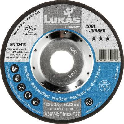 Řezný kotouč značky 'LUKAS Germany' s parametry: určený pro nerezovou ocel, průměr 125 mm, rychlost 80 m/s, 12000 ot./min, dle normy EN 12413.