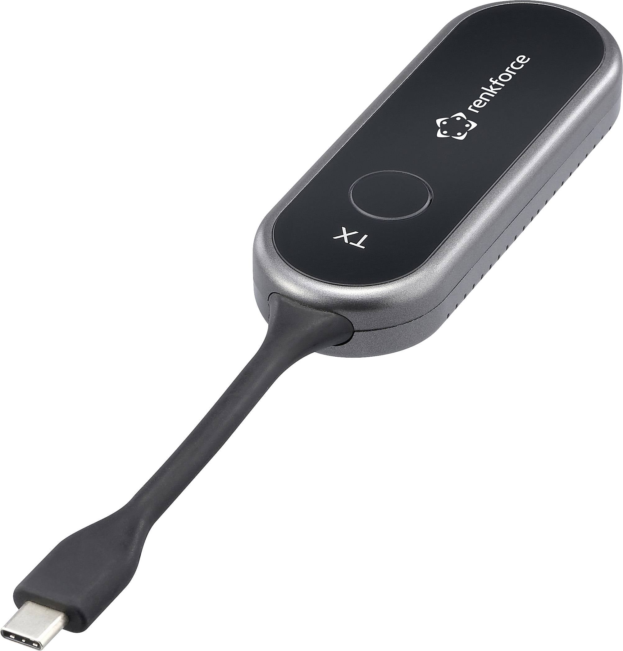 Obdélníkový bezdrátový audio vysílač USB-C s černým povrchem, tlačítkem označeným „TX" a značkou „linkforce" na povrchu.