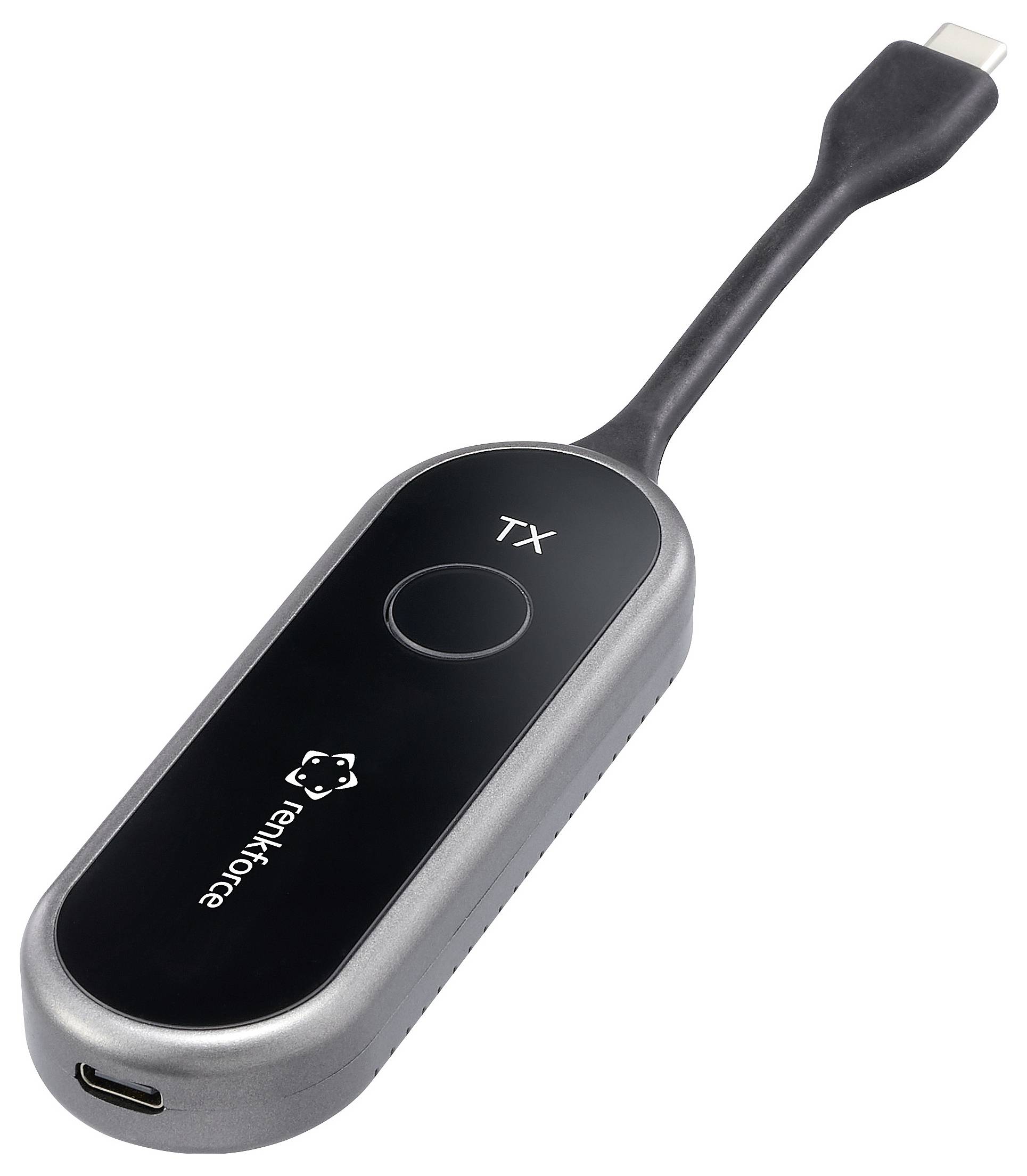 Černý ovladač s kruhovým tlačítkem označeným TX na povrchu, připojený krátkým flexibilním kabelem ke konektoru USB-C.