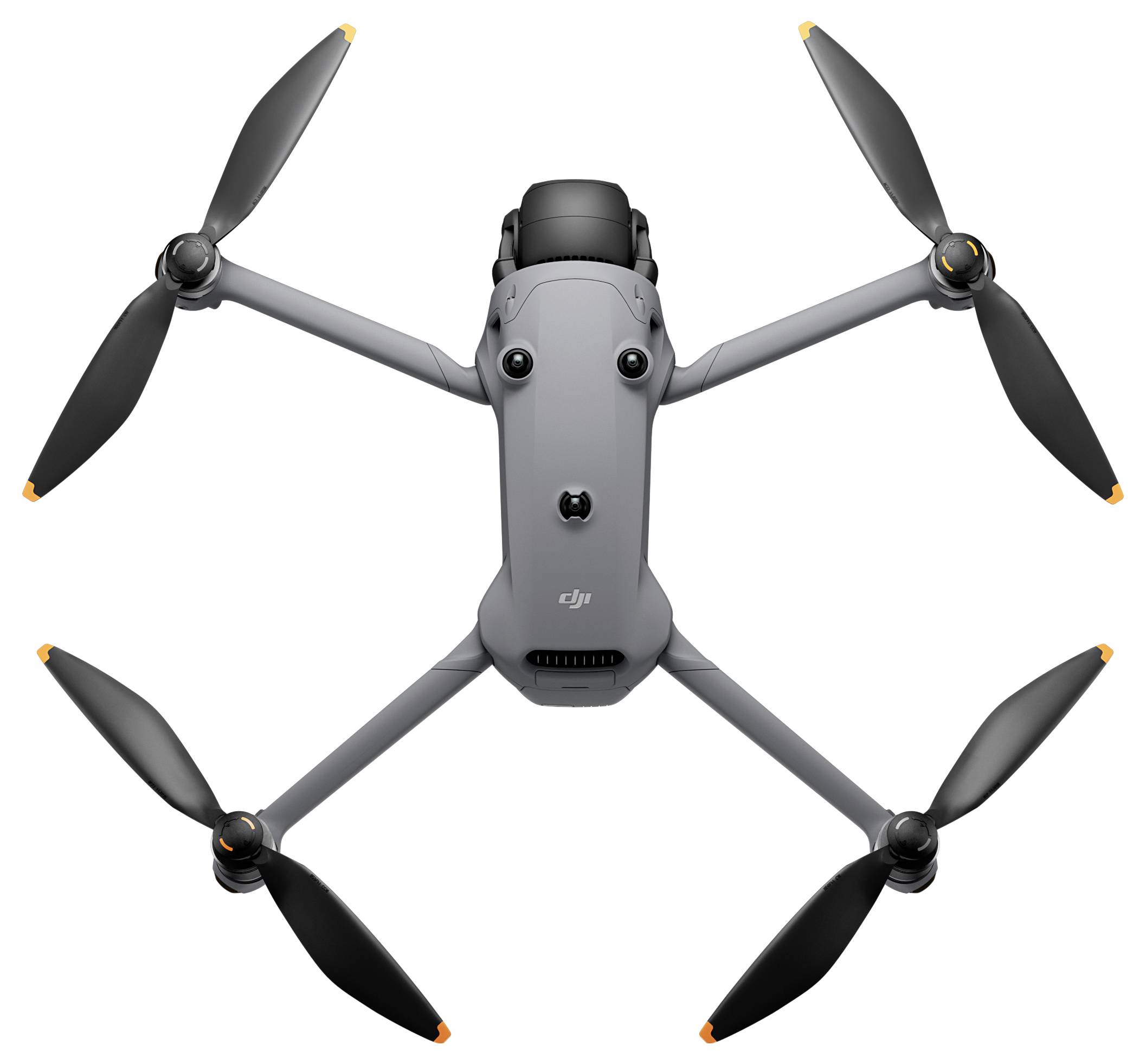 Shora pohledem je zobrazen šedý dron se čtyřmi vrtulemi, který má aerodynamický tvar trupu, vhodný pro leteckou fotografii.