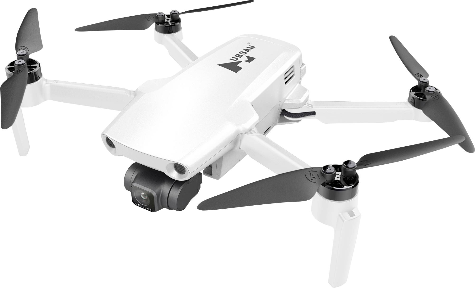 Bílý čtyřvrtulový dron s čtyřmi vrtulemi a přední kamerou, který se vyznačuje kompaktním a elegantním designem vhodným pro leteckou fotografii.