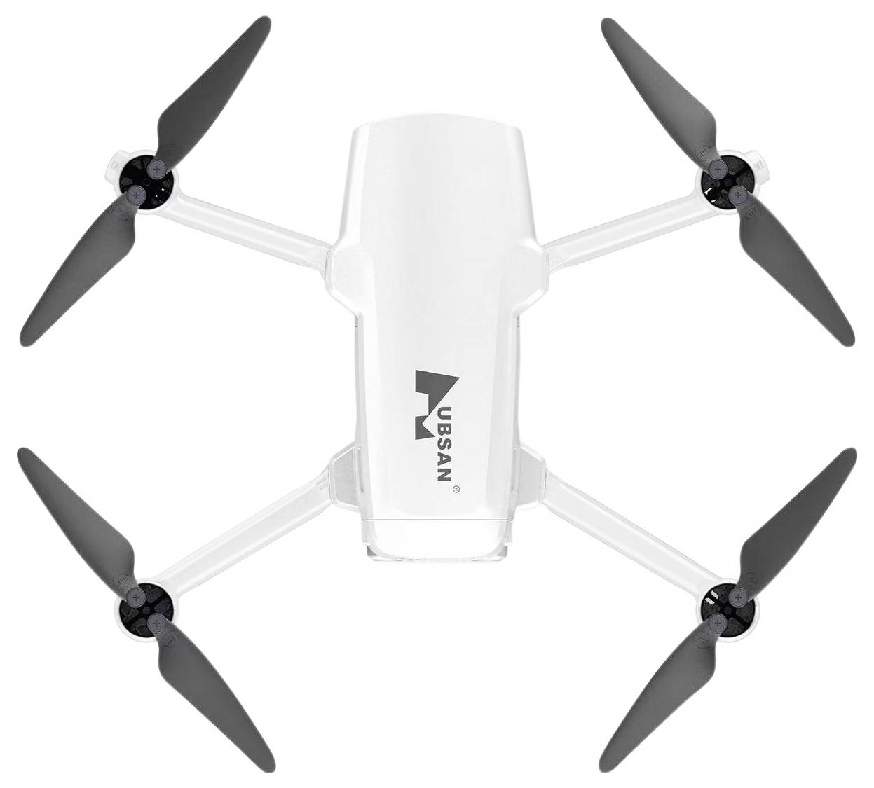 Bílý čtyřvrtulový dron s čtyřmi černými vrtulemi umístěnými vodorovně na jednobarevném pozadí, označený nápisem 'Hubsan'.