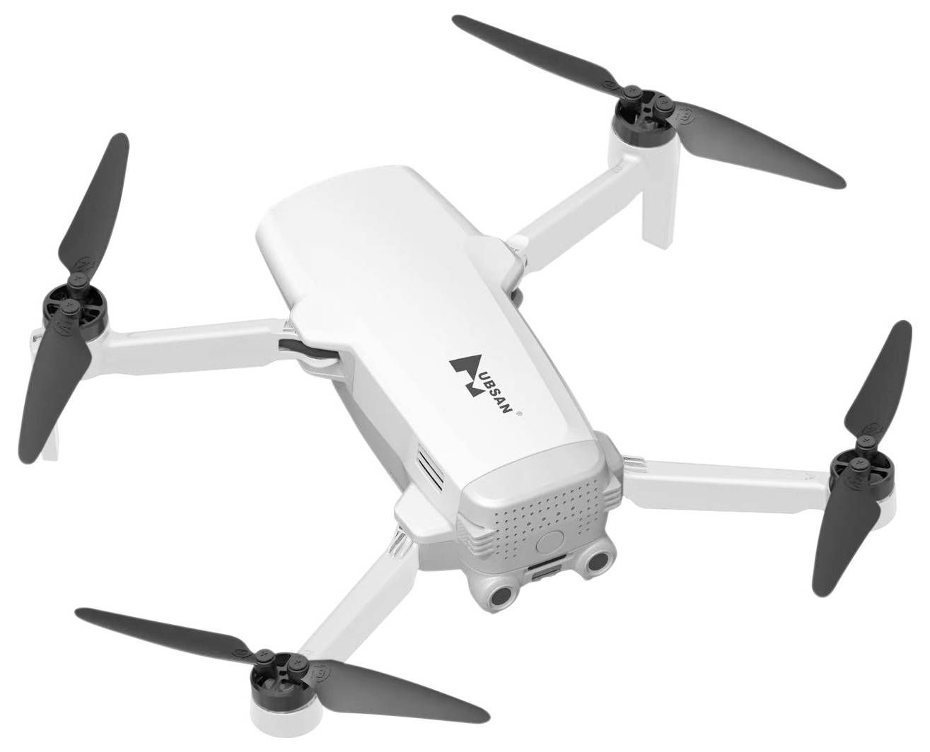 Bílý kvadrokoptérový dron se čtyřmi vrtulemi, zobrazený z mírného úhlu, vybavený kamerou vpředu.