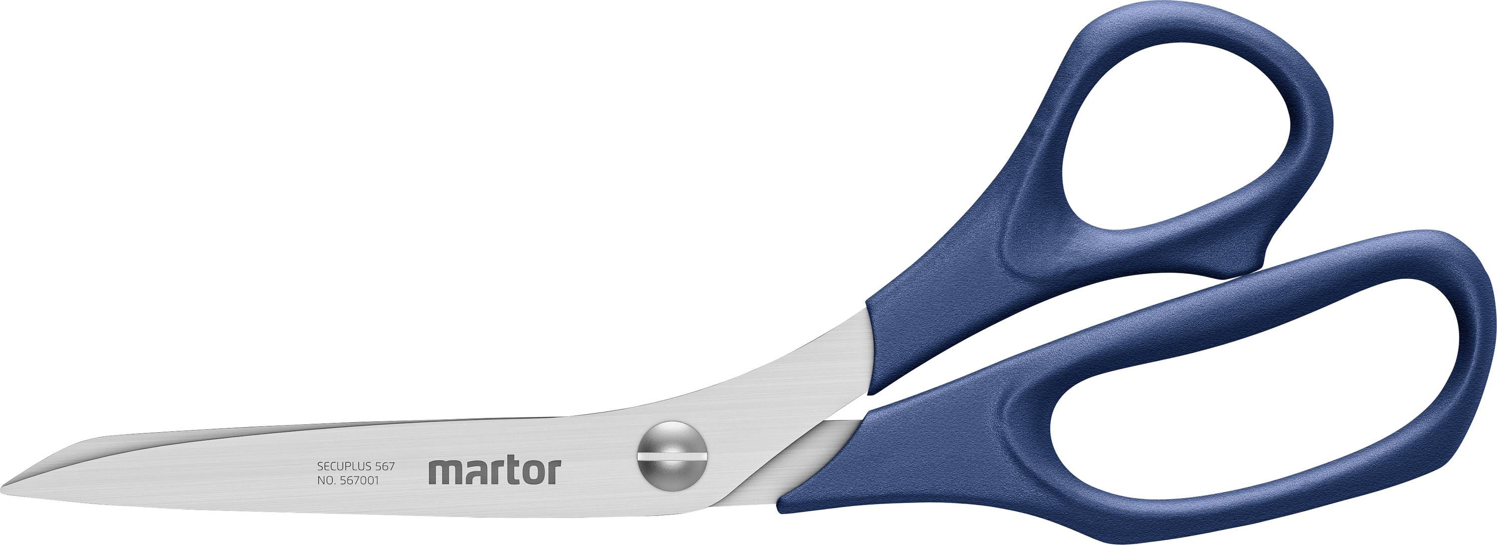 Nůžky s modrými rukojeťmi značky 'martor', navržené ergonomicky pro všestranné řezací úkoly.